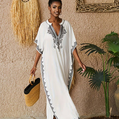 Floral Embroidered Batwing Sleeve Maxi Beach Cover Up Dress