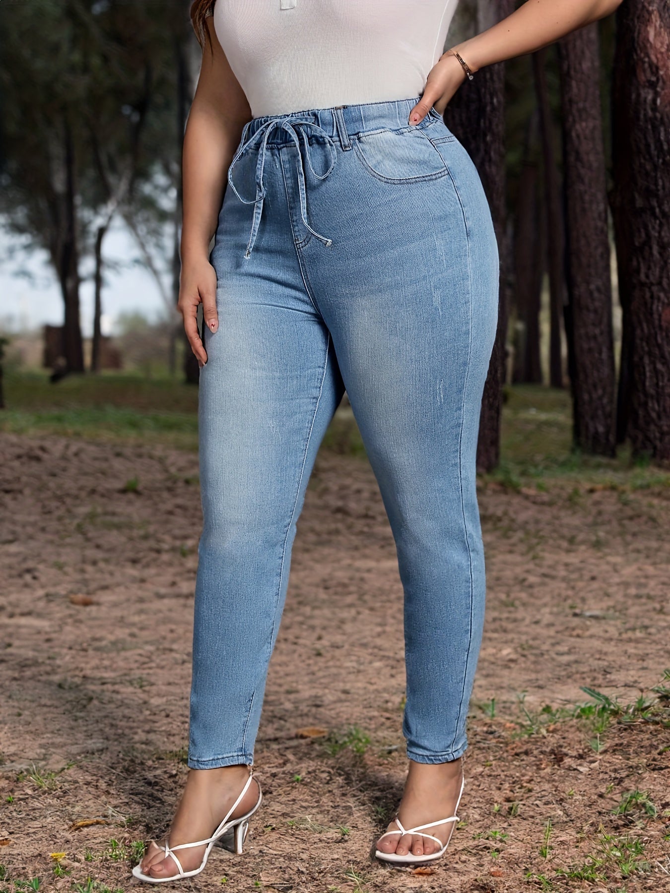 Casual Jeans Women's Plus Washed Elastic Drawstring Skinny