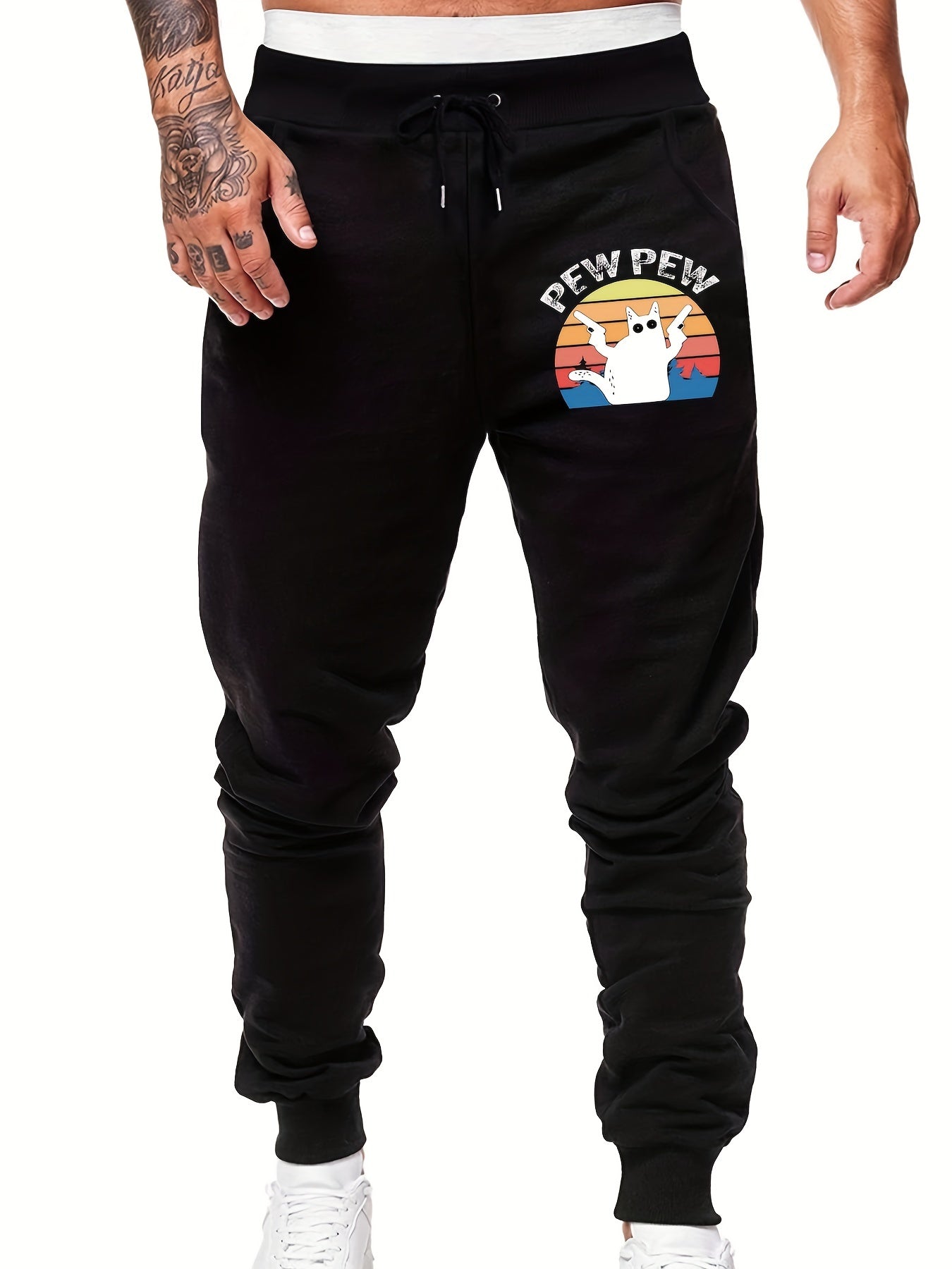 Men's Cat And Letter PEW Graphic Sweatpants Casual Sport Jogger Pants