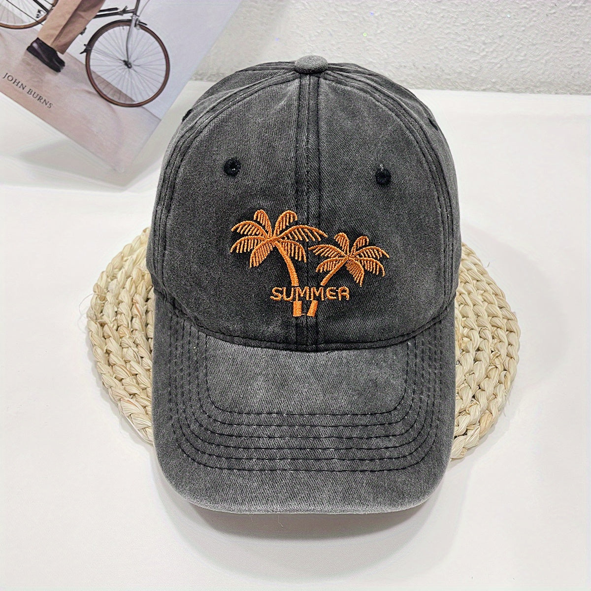 Coconut Tree Embroidered Baseball Cap Distressed Dad Hat