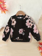 Baby Girls Autumn Floral Ribbed Neck Tops Long Sleeve Blouse Sweatshirt