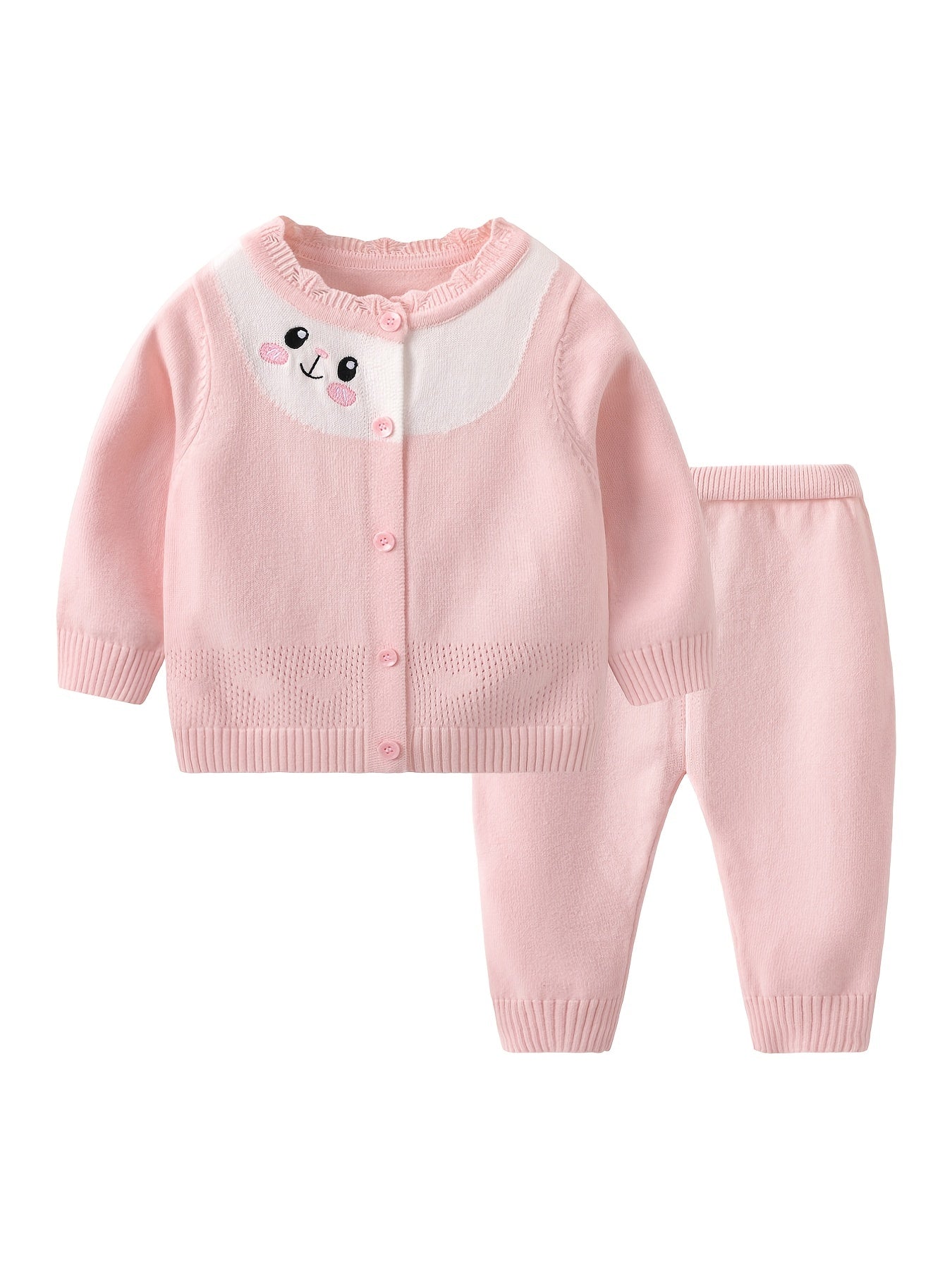 2pcs Baby Girls Knit Cardigan & Pants Set Cartoon Embroidery Long Sleeve