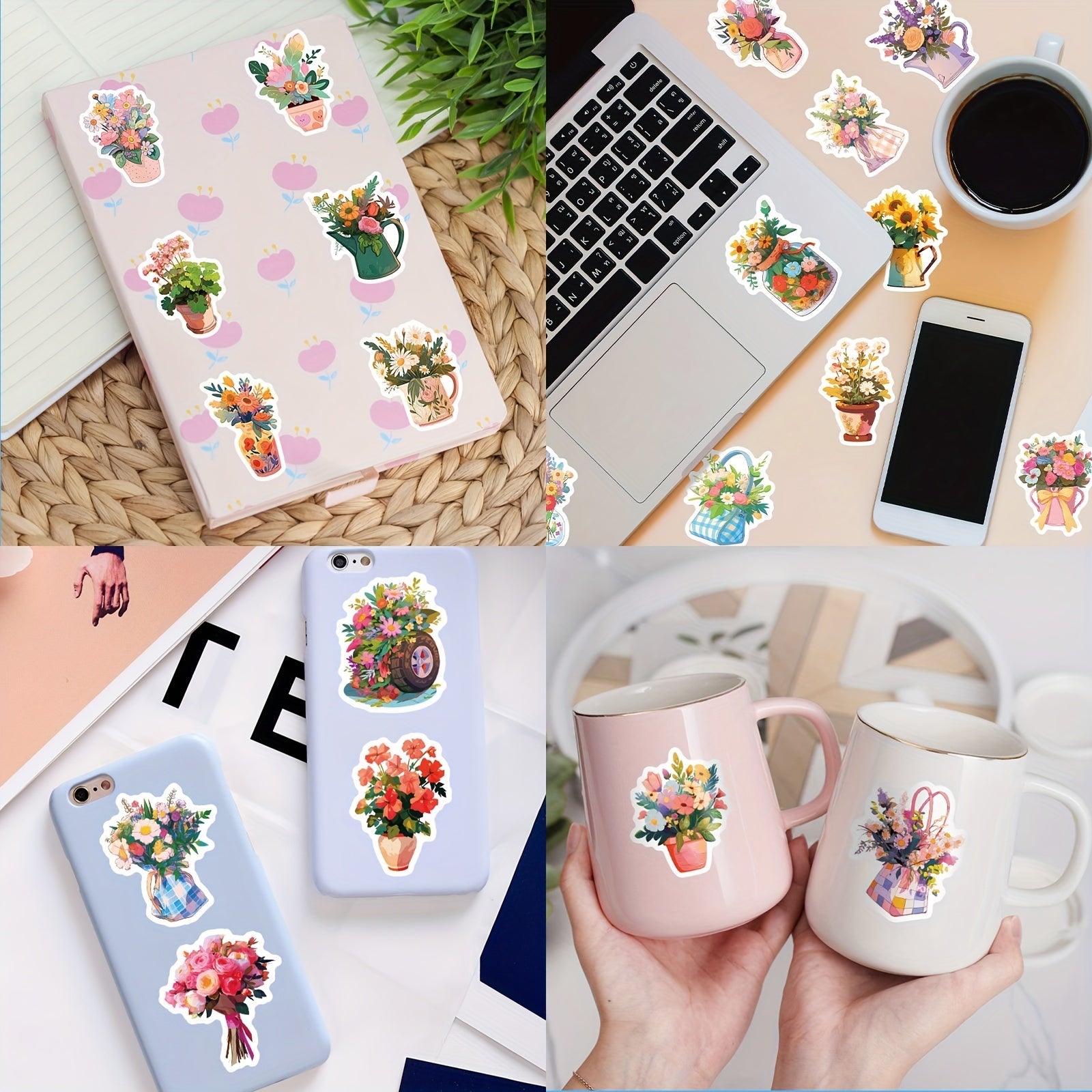 50pcs Flower Stickers Waterproof for DIY Water Bottles Laptops Phones