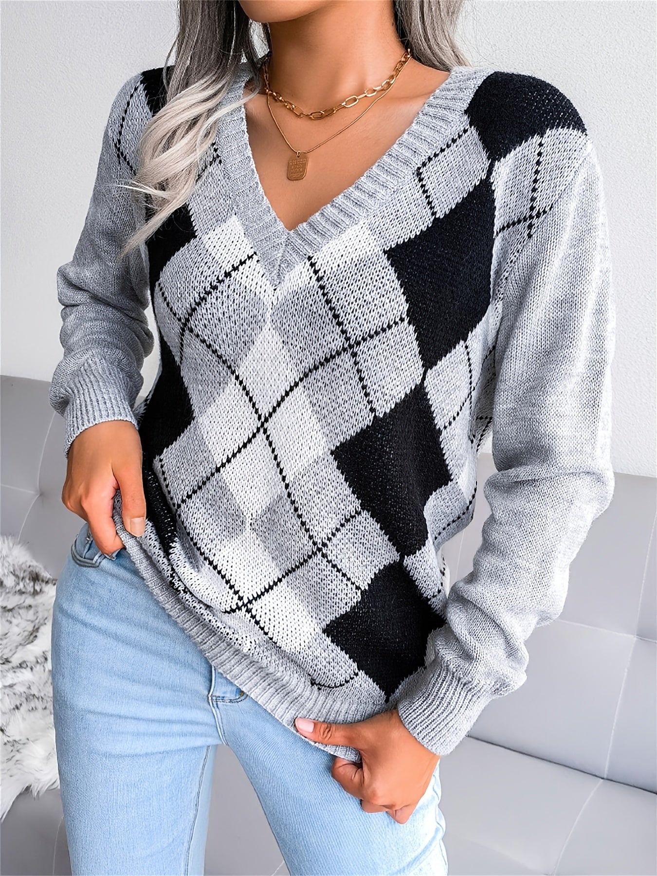 Argyle Print V Neck Long Sleeve Sweater Women's Clothing