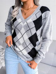 Argyle Print V Neck Long Sleeve Sweater Women's Clothing