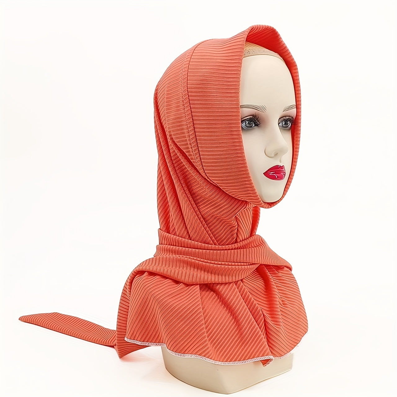 Solid Striped Hijab Snap Button Turban Head Wrap Long Shawl Head Scarf
