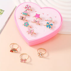 12pcs Cartoon Flower Butterfly Rainbow Star Adjustable Ring Set For Girls