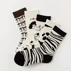 5 Pairs Cartoon Print Socks Women's Mid Tube Stockings