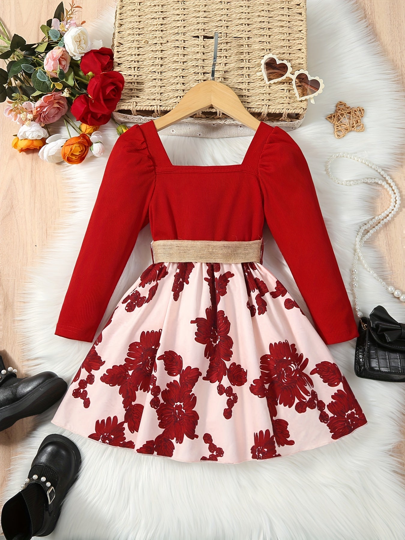 Floral Print Long Sleeve Dress with Belt for Toddler Girls