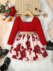 Floral Print Long Sleeve Dress with Belt for Toddler Girls