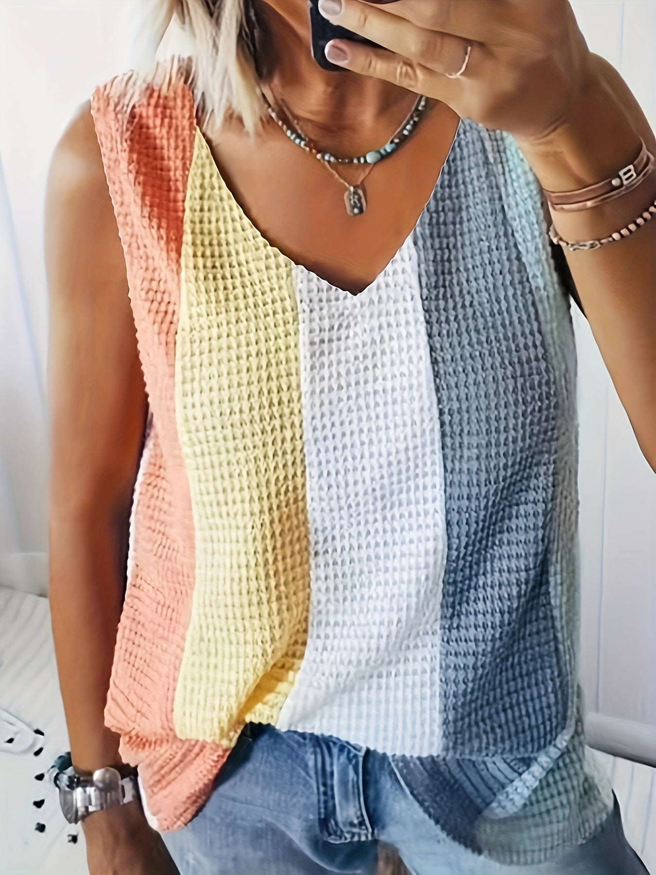 Waffle Knitted Sleeveless Tank Top for Women Summer Casual Wear