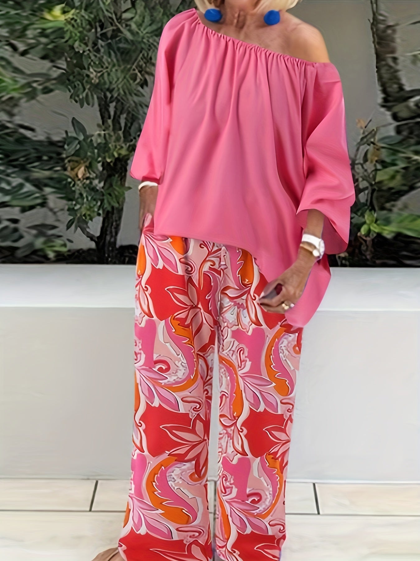 Off Shoulder Top & Floral Wide Leg Pants 2-Piece Set