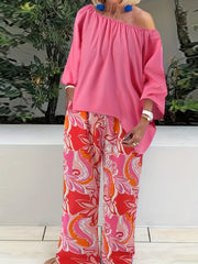 Off Shoulder Top & Floral Wide Leg Pants 2-Piece Set