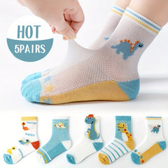 5 Pairs Boys Dinosaur Pattern Short Crew Socks - Breathable & Comfortable