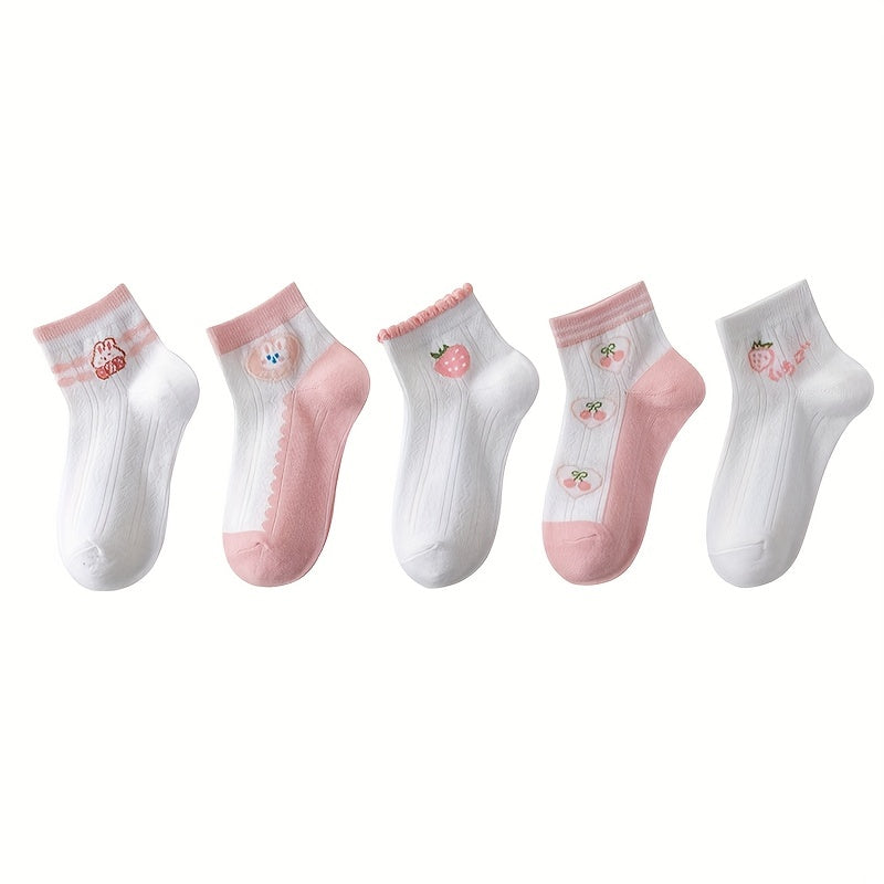 5 Pairs Girls Casual Rabbit Strawberry Print Socks for Summer and Spring