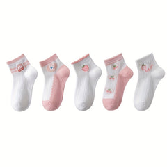 5 Pairs Girls Casual Rabbit Strawberry Print Socks for Summer and Spring