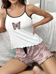 Butterfly Print Pajama Set Crew Neck Cami Top & Shorts Women's Sleepwear