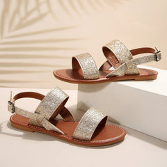 Glitter Sequins Flat Sandals with Buckle Strap