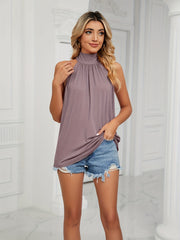 Solid Halter Neck Tank Top with Lace Up Back
