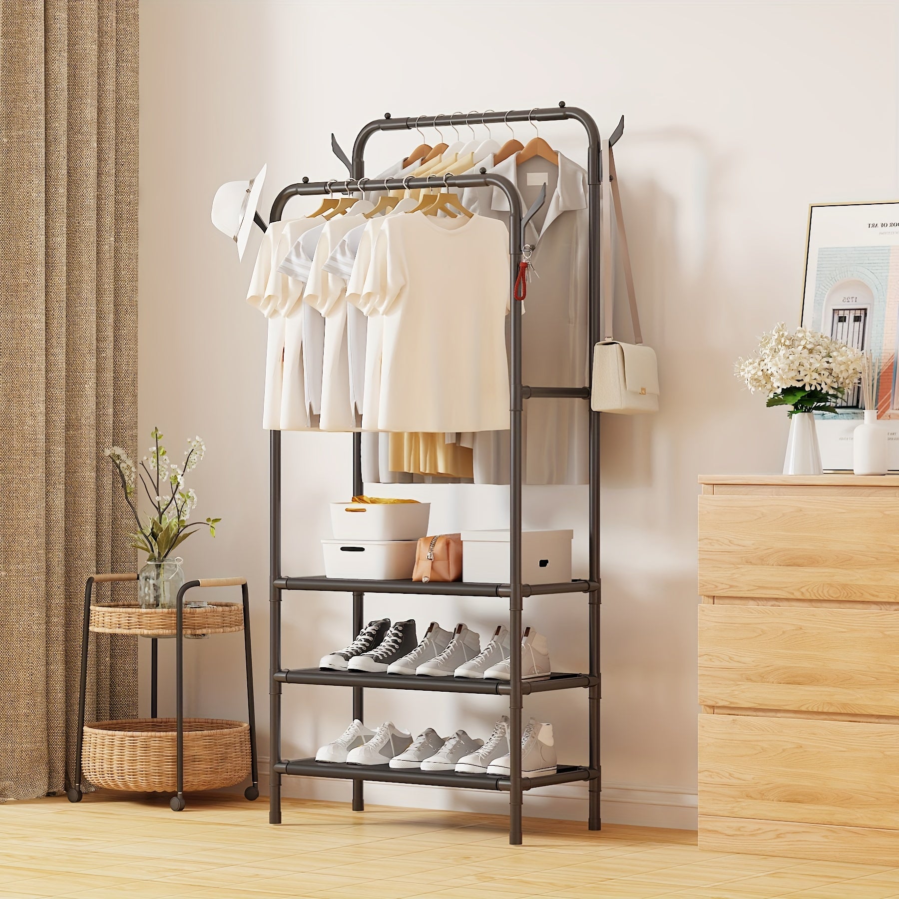 Garment Rack with Double Rods, Lower Storage, and Hooks
