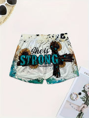 Letter & Sunflower Print Skinny Shorts for Women