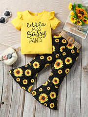 2pcs Toddler Girls LITTLE MISS SASSY Ruffle Trim T Shirt & Sunflower Pants Set