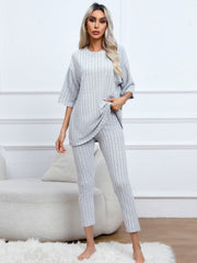Solid Ribbed Lounge Set Short Sleeve Crew Neck Top & Elastic Waistband Pants