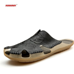 SENBURNY Men's Leather Closed Toe Slides Soft Slippers Anti-Skid Sandals