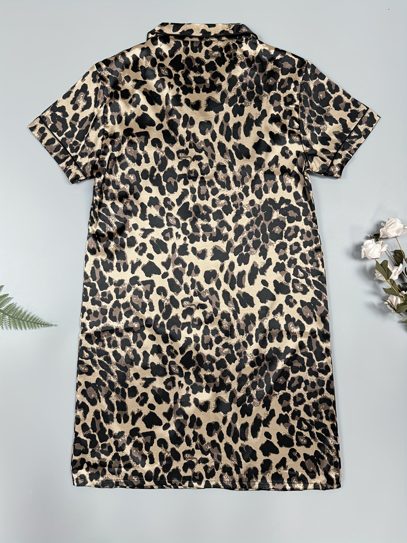 Leopard Satin NightDress Short Sleeve Pajama Dress Women's Sleepwear