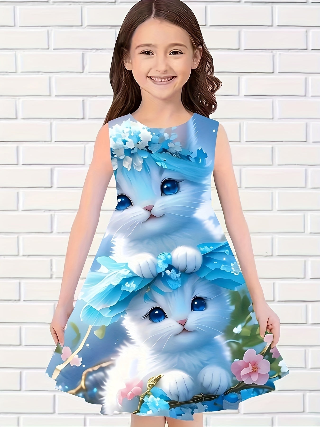 Girls Chubby Cat Sleeveless Dress Summertime Outdoor Outfit