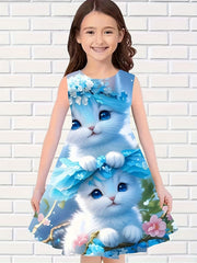 Girls Chubby Cat Sleeveless Dress Summertime Outdoor Outfit