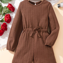 Girls Knitted Long Sleeve Jumpsuit with Waist Belt
