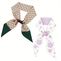 2pcs Coffee & Pink Skinny Scarf Long Ribbon Neckerchief Twilly Scarf