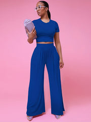 Casual Crew Neck Tee & Wide Leg Pants Set