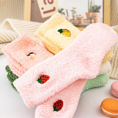 Soft Plush Home Floor Socks Fruit Pattern Thick & Warm Mid Tube Stockings