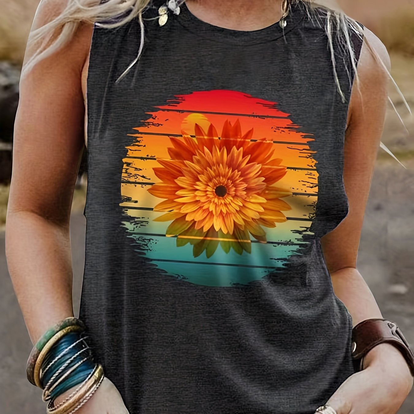 Sunflower Print Round Neck Tank Top for Women