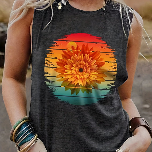 Sunflower Print Round Neck Tank Top for Women