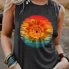 Sunflower Print Round Neck Tank Top for Women