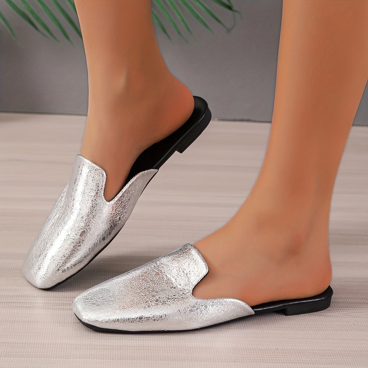 Women's Silver Faux Leather Mules Square Toe Slip On Outdoor Shoes