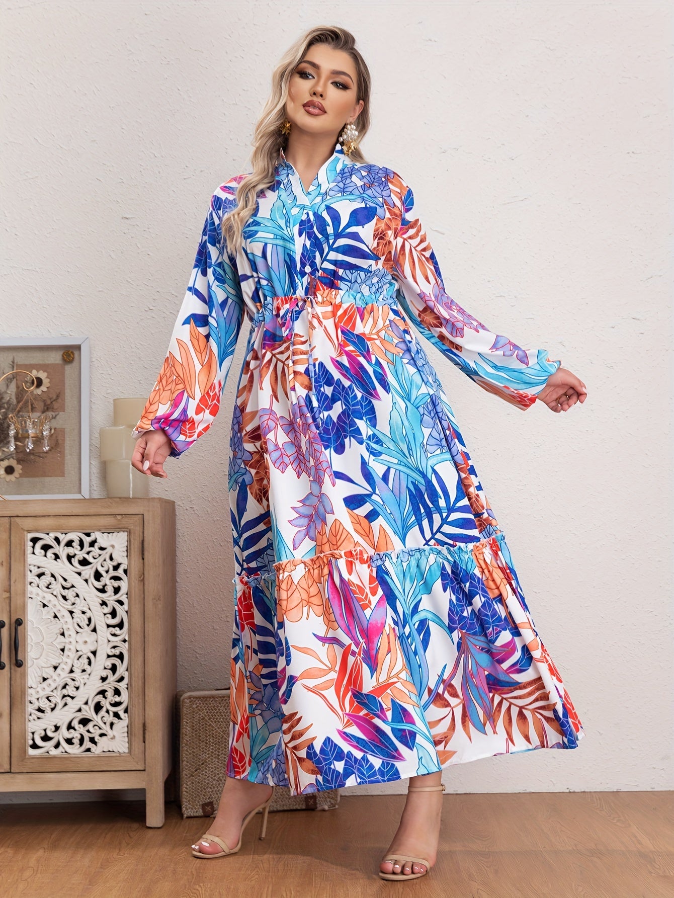 Floral Print Long Sleeve V Neck Maxi Smock Dress