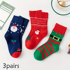 3 Pairs Kids Christmas Socks, Red Cartoon Sleeves, Thick Fleece Warm Socks
