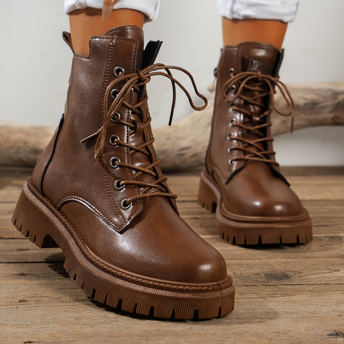 Women's Faux Leather Flat Ankle Boots Waterproof Walking Boots