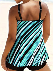 Modest Tankini Set Striped Round Neck Cami Top & Shorts