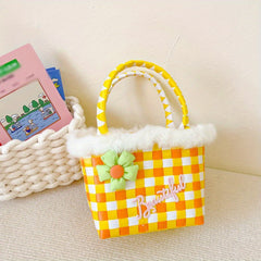 Girls Colorful Braided Basket Bag Handbag With Flower Plush for Holiday Party