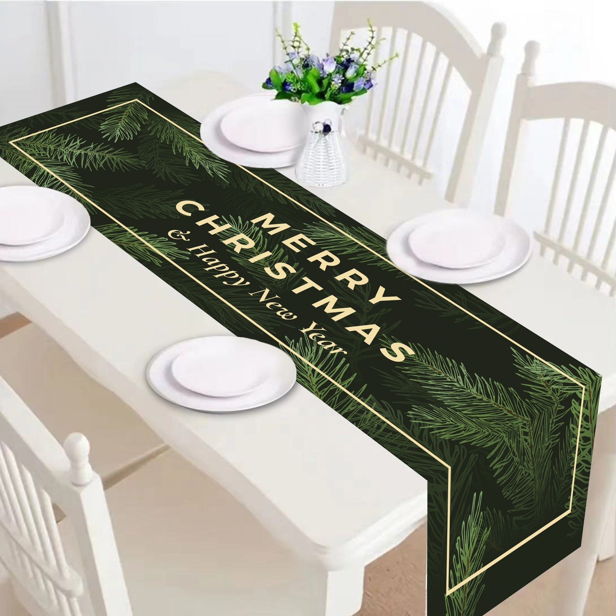 Polyester Christmas Table Runner Green Xmas Tree Design