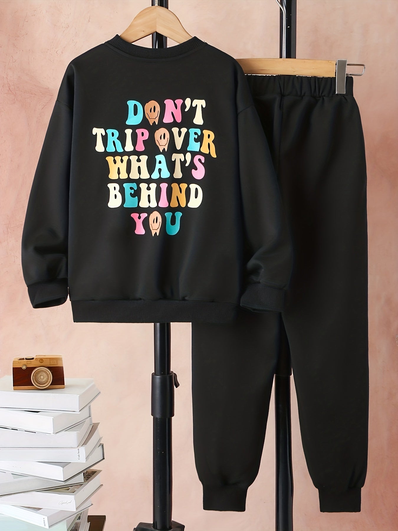 Colorful Letter Print Boy's 2pcs Sweatshirt & Sweatpants Set Halloween Style