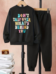 Colorful Letter Print Boy's 2pcs Sweatshirt & Sweatpants Set Halloween Style