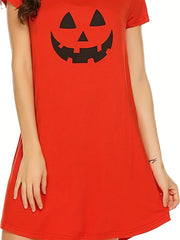 Pumpkin Print NightDress Halloween Short Sleeve Crew Neck Pajama Dress