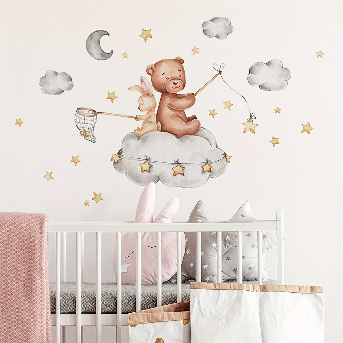 Bear and Bunny Nursery Decor Vinyl Wall Stickers with Stars and Clouds