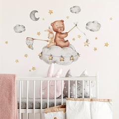 Bear and Bunny Nursery Decor Vinyl Wall Stickers with Stars and Clouds